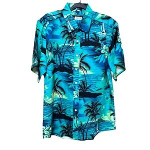 Euow Mens Large Hawaiian Shirt Tropical Palm Tree Beach Blue Green Button Up